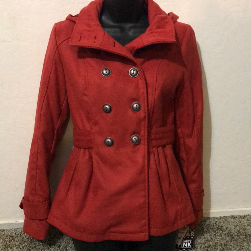 Red~orange Celebrity Pink pea coat with hood